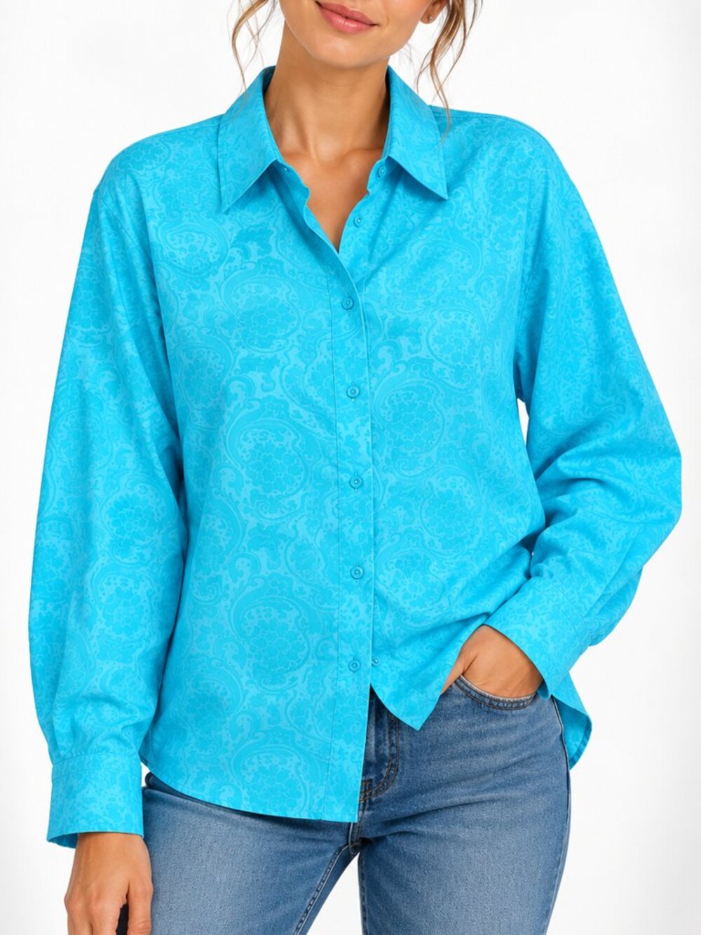 Foxcroft 16W Turquoise Blue Paisley Non-Iron 100% Cotton Button-Down Blouse